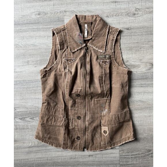 MurMur Jackets & Blazers - Distressed Brown Green Utility Vest Studded Anchor Graphic Moto Y2K Size S NWOT